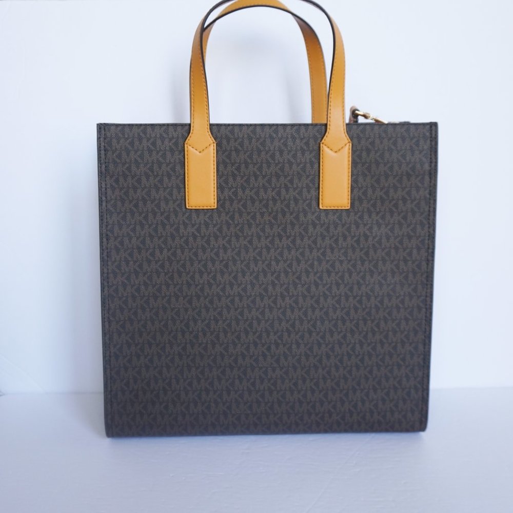 Michael Kors Kenly Large North South Tote Shoulder Bag MK Brown Yellow - Picture 4 of 10